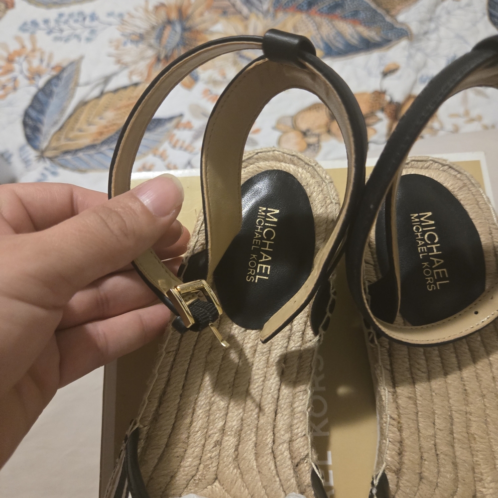 Michael Kors Women's Black and Tan Espadrille Wedge Sandals